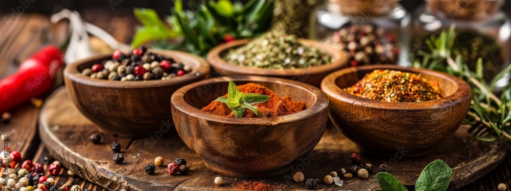 An Array of Assorted Spices Beautifully Arranged in Wooden Bowls on a Rustic Table An Array of Assorted Spices Beautifully Arranged in Wooden Bowls on a Rustic Table