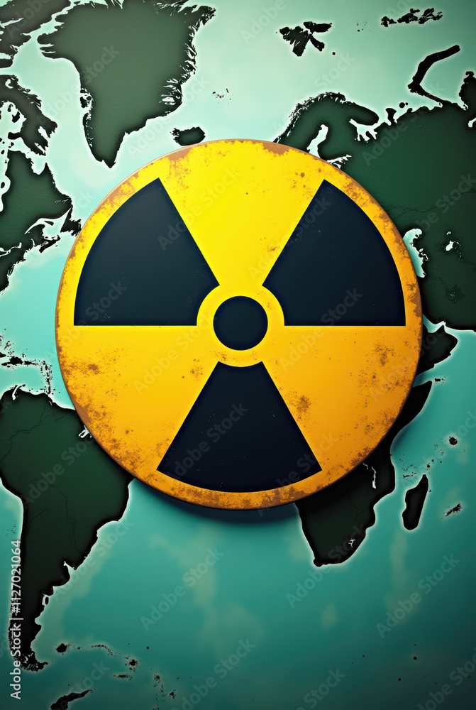 Fototapeta premium Global Nuclear Threat Visualization with Radiation Symbol and Vintage World Map