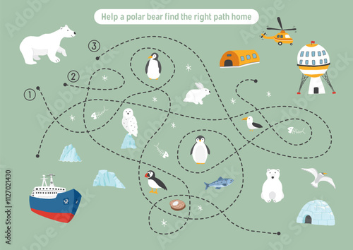 Labyrinth, Maze game for children. Logical puzzle for kids. Quest to find the right path for a Polar bear to his home. Vector illustration.