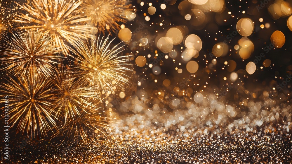 Fototapeta premium Festive Golden Fireworks Bursting Over a Sparkling Glittering Background at Night