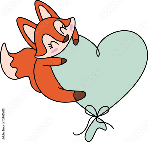 Funny fox flying on top of heart shaped balloon