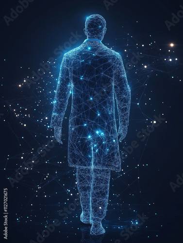 Abstract digital man walking. Concept of technology, future, and innovation.