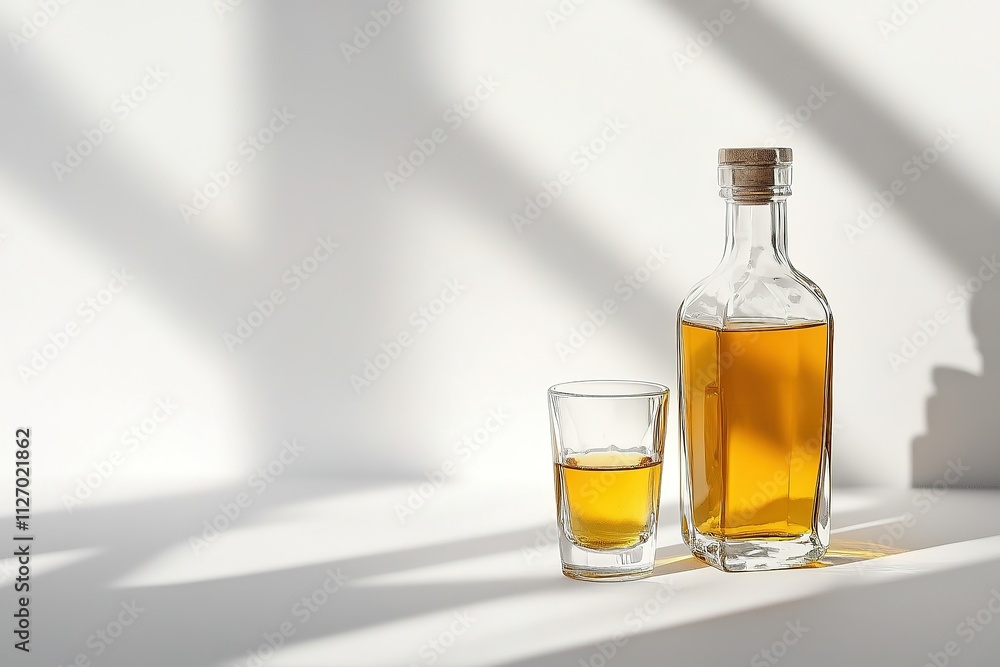 A bottle of rakia with a shot glass, placed on a clean white surface.