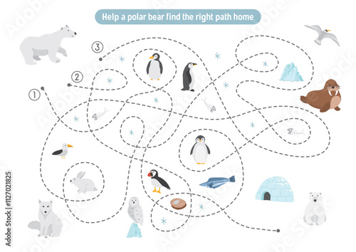 Labyrinth, Maze game for children. Logical puzzle for kids. Quest to find the right path for a Polar bear to his home. Vector illustration.