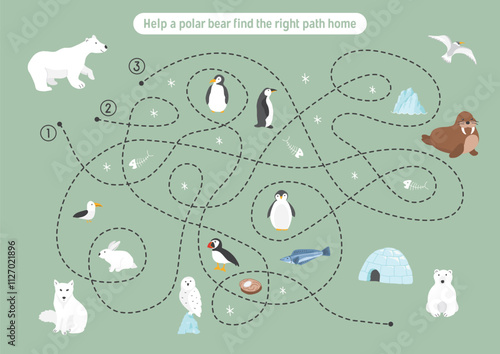 Labyrinth, Maze game for children. Logical puzzle for kids. Quest to find the right path for a Polar bear to his home. Vector illustration.