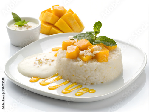 A portion of sticky rice neatly shaped, topped with fresh mango slices and a drizzle of coconut cream. Displayed flat on a white background photo