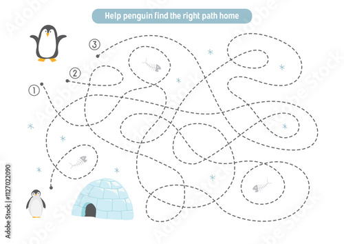 Labyrinth, Maze game for children. Logical puzzle for kids. Quest to find the right path for a penguin to his home. Vector illustration.