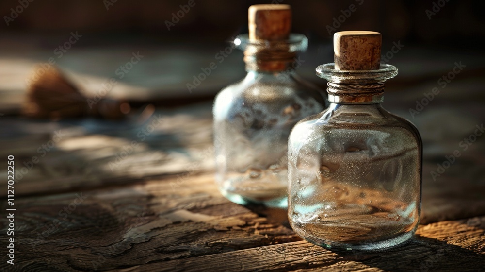 Glass bottles with cork stoppers on rustic wooden table Glass bottles with cork stoppers on rustic wooden table