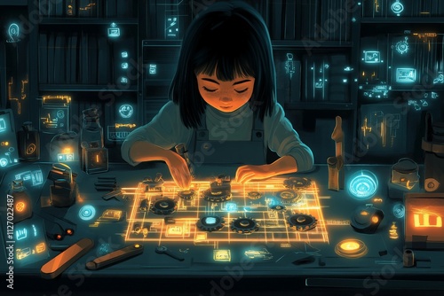 A flat illustration of a young girl intensely focused on assembling a glowing, futuristic science project, surrounded by holographic schematics and tools in a dimly lit room photo