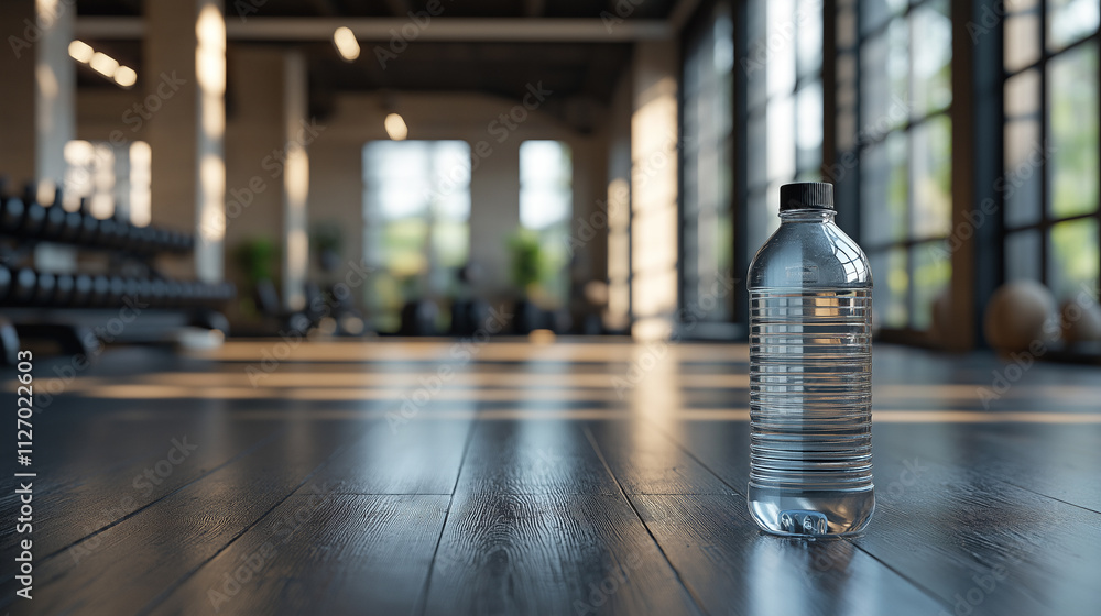 Water bottle on gym floor. Concept of hydration and fitness. Water bottle on gym floor. Concept of hydration and fitness.