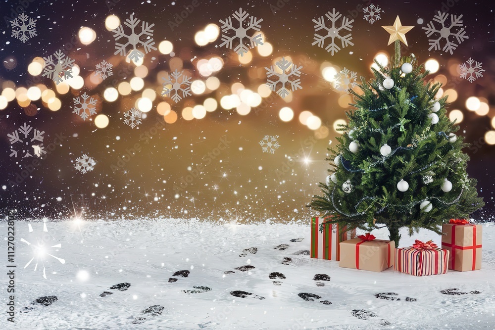 A Christmas background with snowflakes and bokeh lights design A Christmas background with snowflakes and bokeh lights design