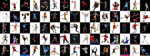 Foto Dynamic mix of athletic moments, capturing both individual and team sports against black and white contrasting background