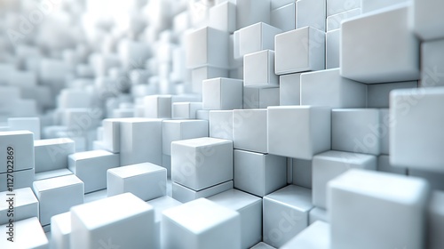 Abstract 3D rendering of a wave-like structure composed of numerous white cubes.