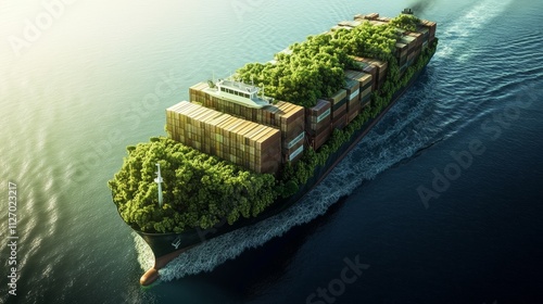 Cargo ship covered in lush green vegetation sailing on calm blue ocean waters.