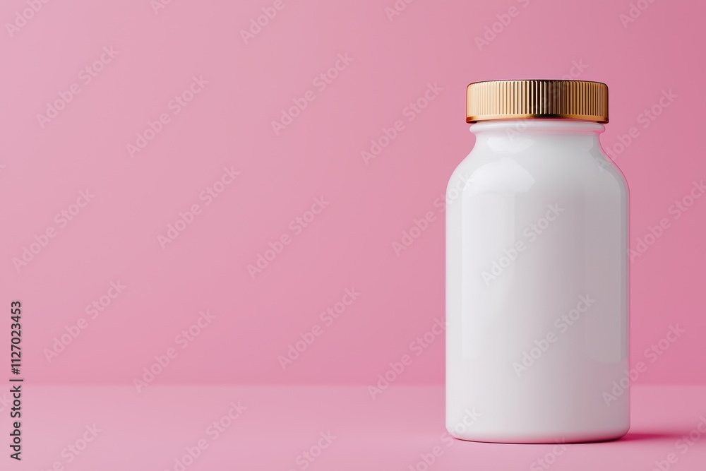 White plastic supplement bottle with gold cap on pink background White plastic supplement bottle with gold cap on pink background