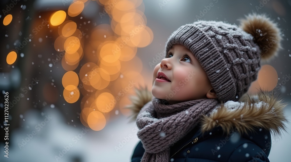 Young Child Enjoying Snowfall in Warm Winter Clothing Young Child Enjoying Snowfall in Warm Winter Clothing