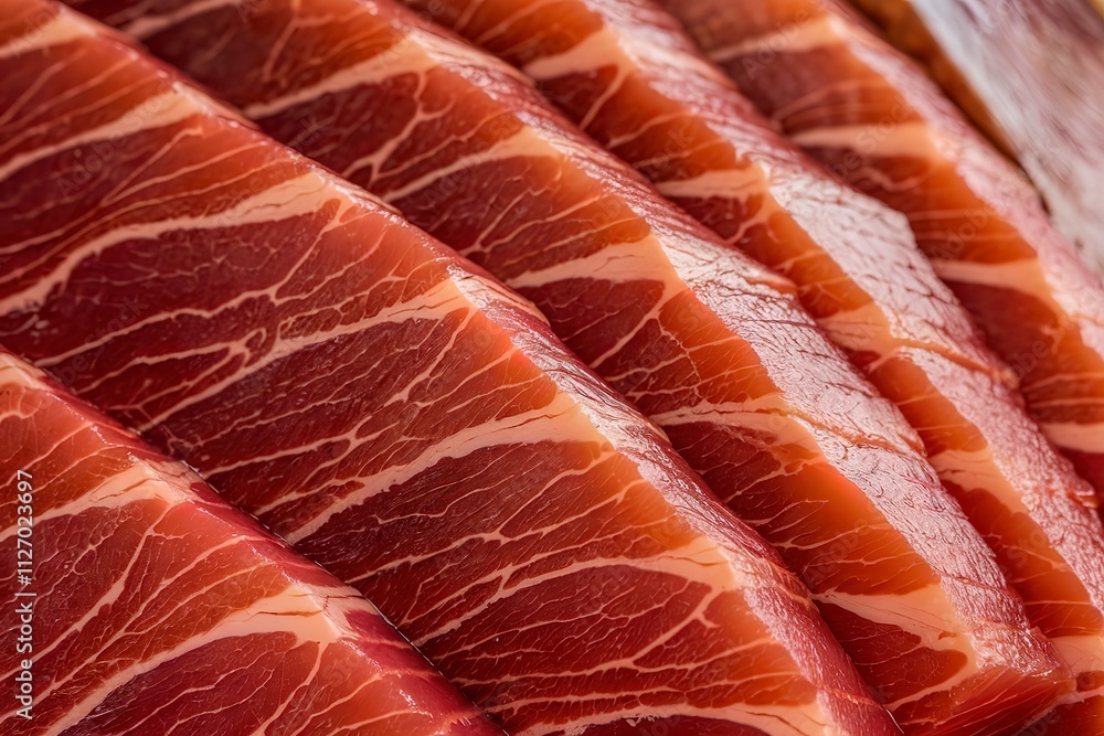 A close-up view of thin, translucent slices of red meat A close-up view of thin, translucent slices of red meat