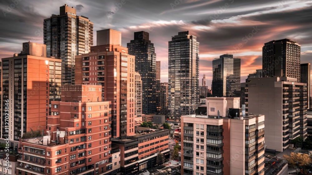 Obraz premium Shadows and Light on City High-Rise Buildings at Sunset