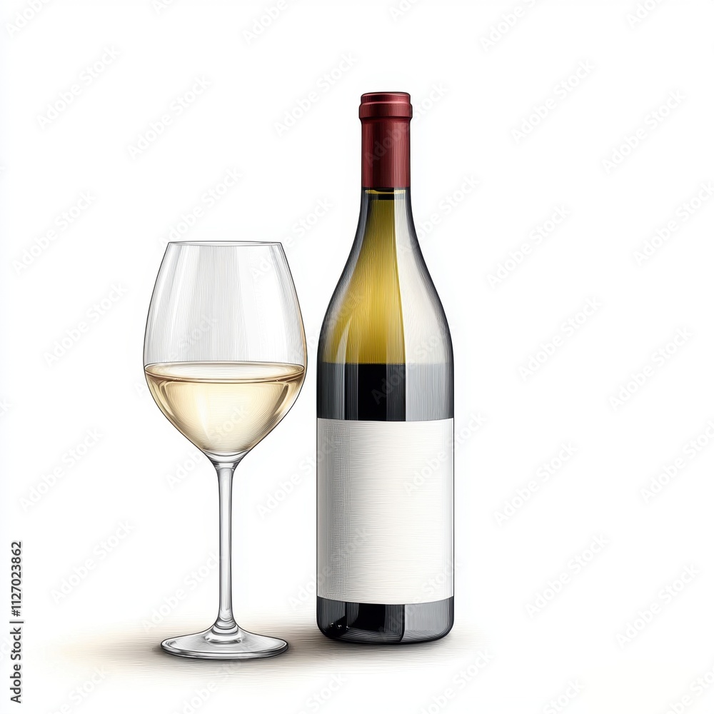 The line drawing depicts a tall, slender bottle of wine with a long, graceful neck and a round, full body The line drawing depicts a tall, slender bottle of wine with a long, graceful neck and a round, full body