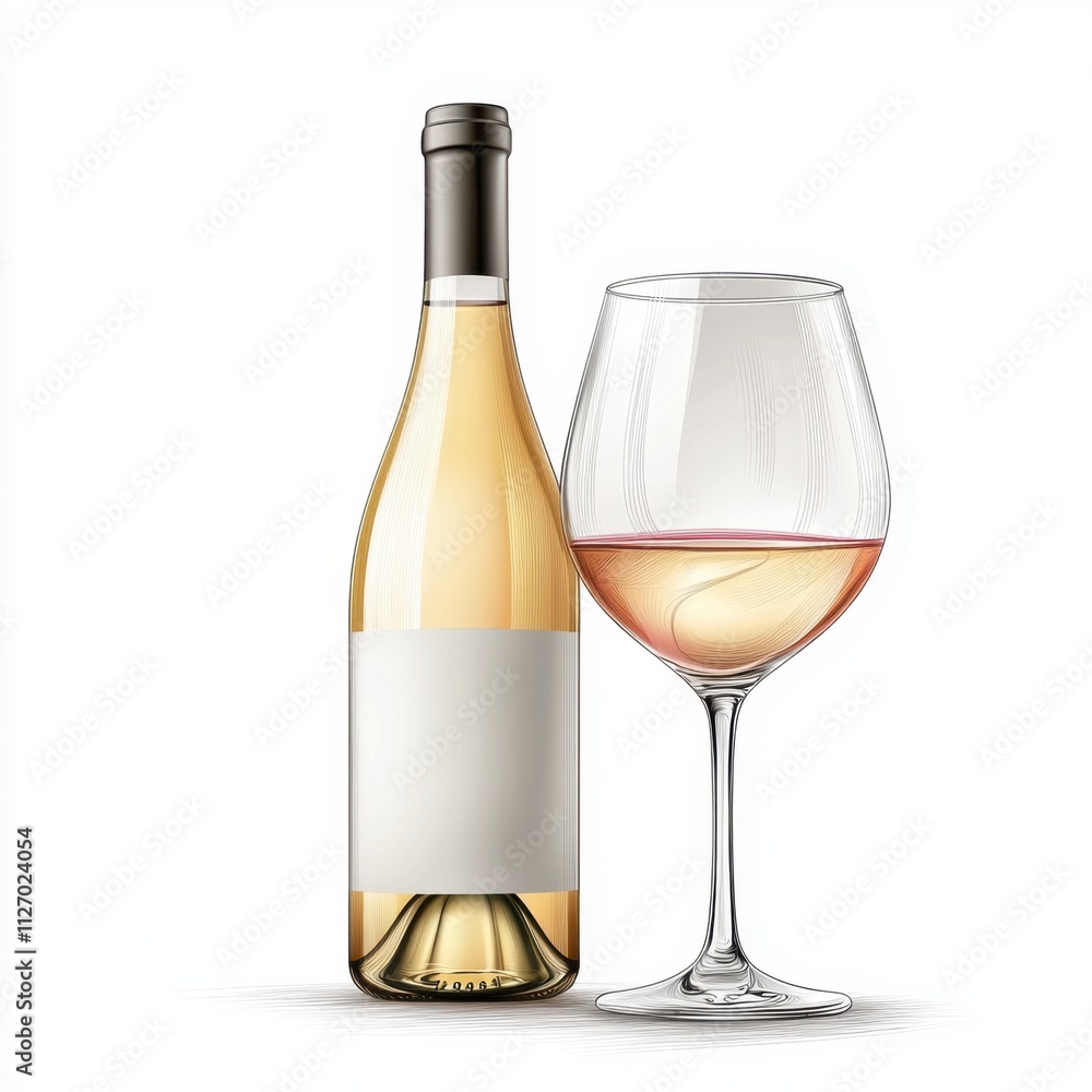 The line drawing depicts a tall, slender bottle of wine with a long, graceful neck and a round, full body The line drawing depicts a tall, slender bottle of wine with a long, graceful neck and a round, full body