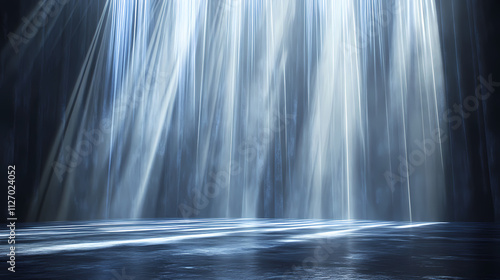 Stage with a cascade of light beams, vertical and diagonal, white and blue tones, sharp contrasts. Cascade. Illustration