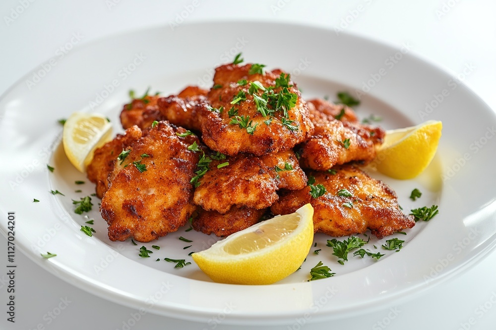 A golden-brown schnitzel served on a white plate, garnished with lemon wedges and parsley. A golden-brown schnitzel served on a white plate, garnished with lemon wedges and parsley.