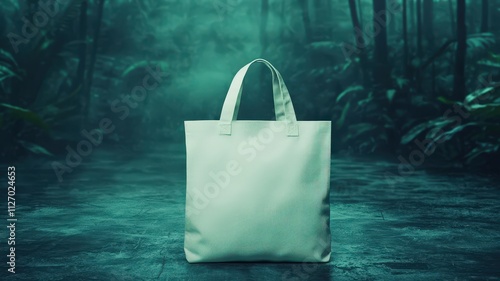 mockup and branding concept. A stylish tote bag displayed in a misty, tropical environment.