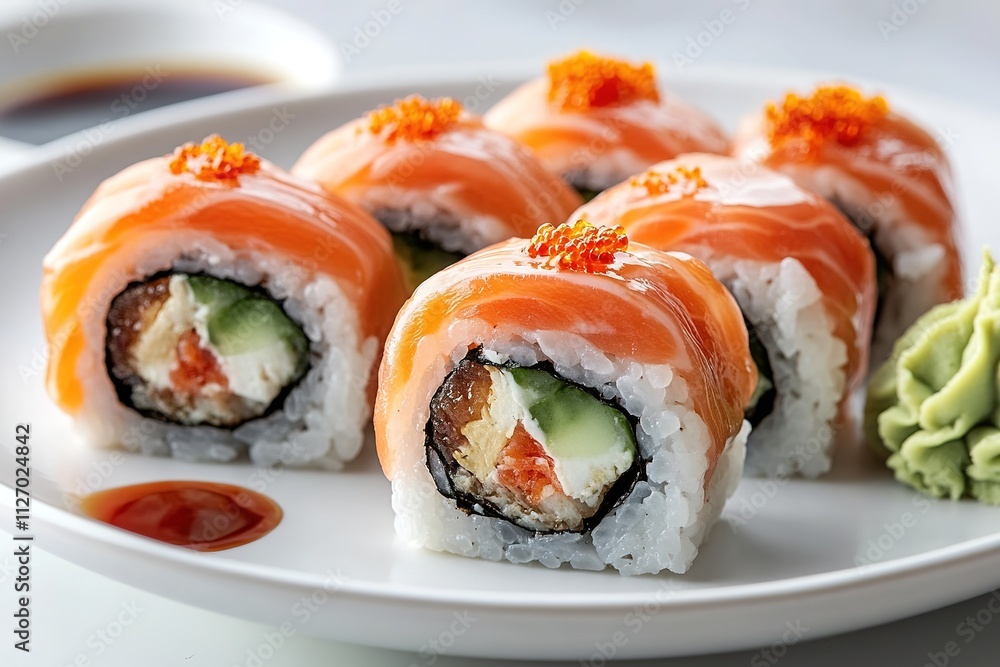 Fresh sushi rolls with salmon on white plate Fresh sushi rolls with salmon on white plate