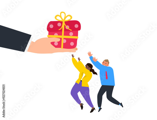 big hand giving gift box to happy woman and man bonus program promotion vector illustration 