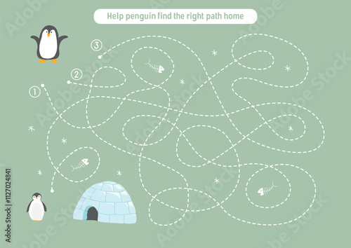 Labyrinth, Maze game for children. Logical puzzle for kids. Quest to find the right path for a penguin to his home. Vector illustration.