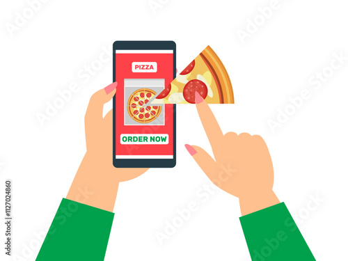 woman hands using smartphone to order a pepperoni pizza online delivery app vector illustration