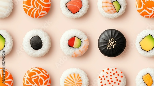 Colorful sushi rolls, top view photo