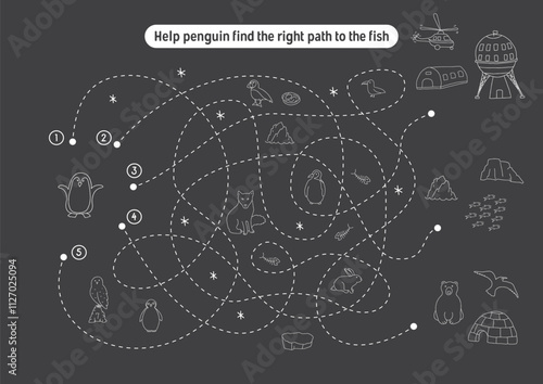 Labyrinth, Maze game for children. Logical puzzle for kids. Quest to find the right path for a penguin to his home. Vector illustration A4 - ready to print format