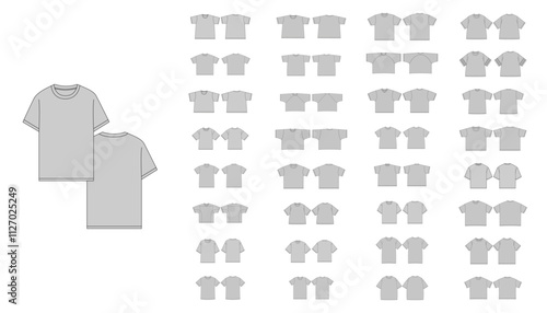 Set of Different T-Shirts Template - Technical Flat Drawing of Basic Tshirts V-neck Tee Shirt Design - Boxy T-Shirt Technical Illustration - Unisex Fitted Tee Shirt Vector Front and Back Views 