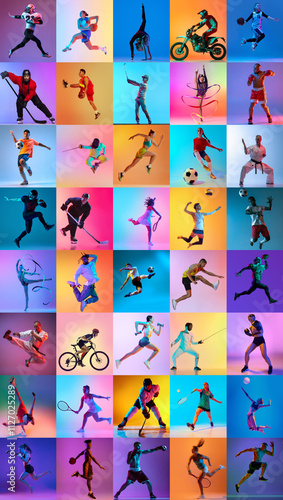 Φωτογραφία Colorful mosaic of athletes in motion, highlighting sports like fencing, weightlifting, and football and other against multicolored background