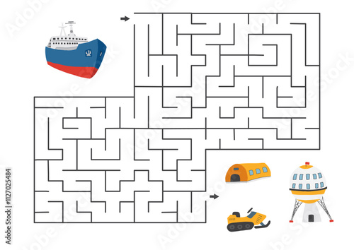 Labyrinth, Maze game for children. Logical puzzle for kids. Quest to find the right path for an icebreaker to polar station. Vector illustration