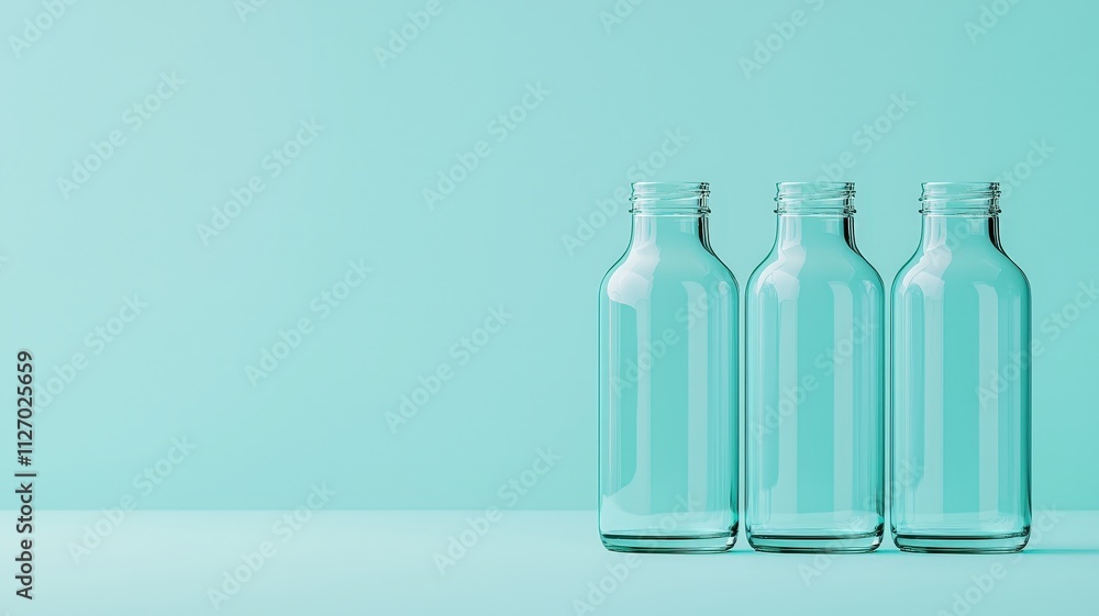 mockup and branding concept. Three clear glass bottles arranged against a soft turquoise background. mockup and branding concept. Three clear glass bottles arranged against a soft turquoise background.