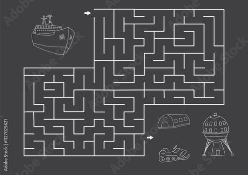 Labyrinth, Maze game for children. Logical puzzle for kids. Quest to find the right path for an icebreaker to polar station. Vector illustration