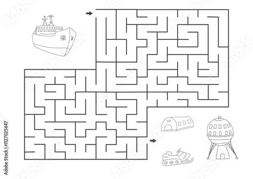 Labyrinth, Maze game for children. Logical puzzle for kids. Quest to find the right path for an icebreaker to polar station. Vector illustration