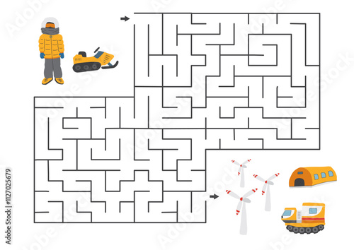 Labyrinth, Maze game for children. Logical puzzle for kids. Quest to find the right path for a polar explorer to polar station. Vector illustration.