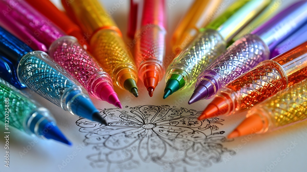 Obraz premium Colorful sparkly pens arranged in a circle on a mandala drawing.