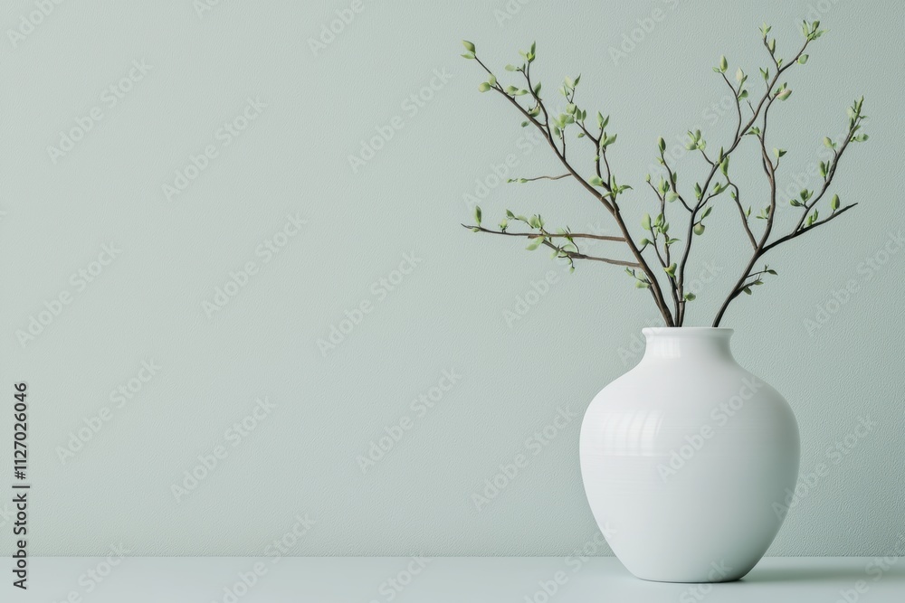 Elegant white vase holding spring branches with new buds on soft grey surface Elegant white vase holding spring branches with new buds on soft grey surface