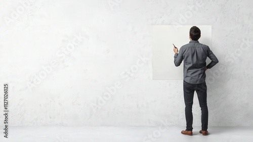 mockup and branding concept. A person stands before a blank canvas on a minimalist wall, contemplating ideas.