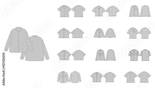 Set of Different Shirts Template - Technical Flat Drawing of Basic Shirts Dress Shirt Plaid Shirt Design - Button-Down Shirt Technical Illustration - Shirt Vector Front and Back Views, Men Women