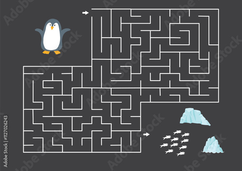 Labyrinth, Maze game for children. Logical puzzle for kids. Quest to find the right path for a penguin to catch a fish. Vector illustration