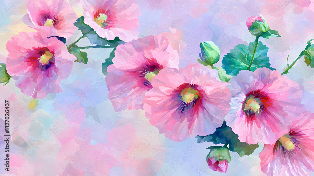 Pink flowers with green leaves Pink flowers with green leaves