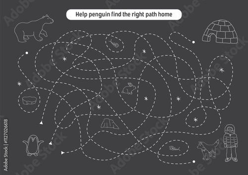 Labyrinth, Maze game for children. Logical puzzle for kids. Quest to find the right path for a penguin to his home. Vector illustration A4 - ready to print format