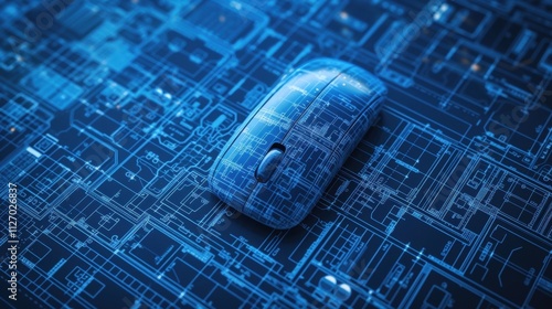 Magnified image of a computer mouse hovering over a blueprint representing the seamless integration between the physical and digital world in digital twin technology. photo