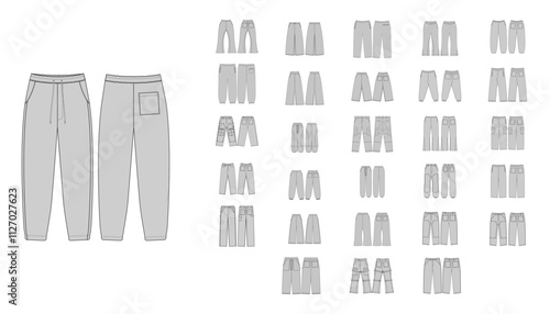 Activewear Fashion Technical Illustration - Trouser Joggers Front and Back Views, Men Women Unisex Trousers CAD Mockups - Set of Pants Joggers Trousers - Technical Flat Drawing of Jeans Pants Cargo