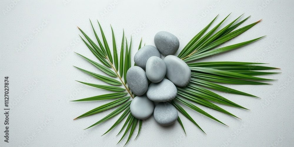 Fototapeta premium Serene spa stones nestled amongst lush green palm fronds on a light gray background